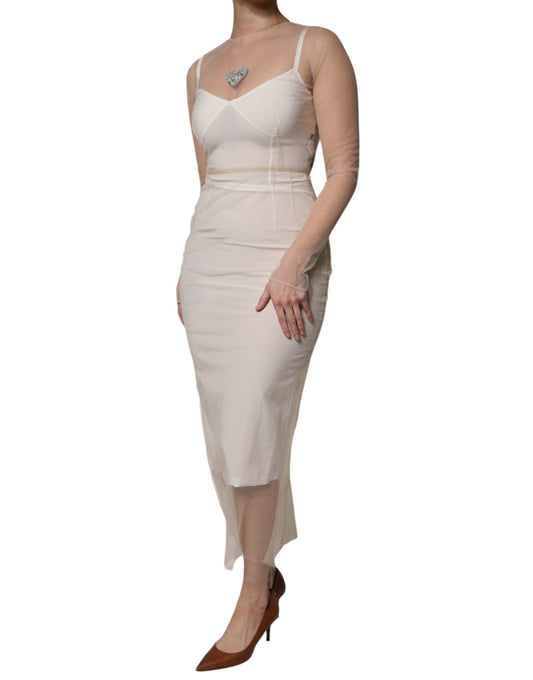 A white sheer tulle bustier bodycon midi dress with a fitted silhouette