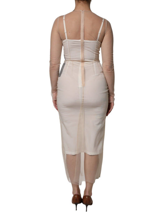 A white sheer tulle bustier bodycon midi dress from Dolce & Gabbana