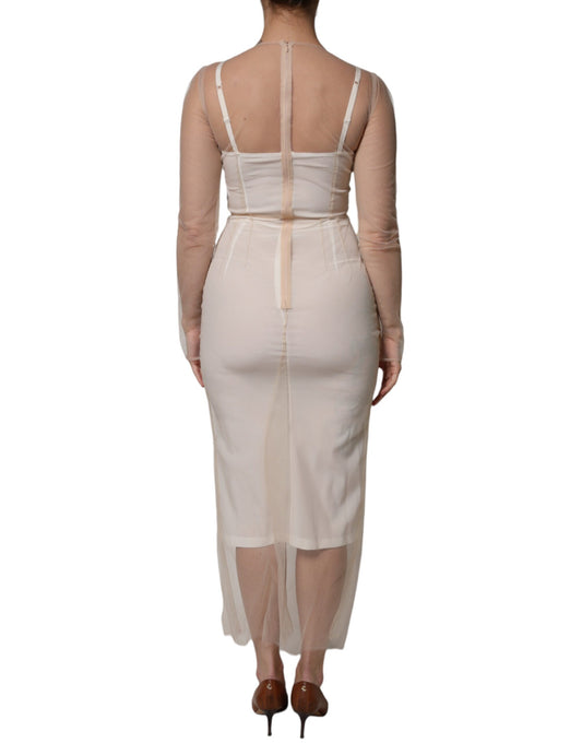 A white sheer tulle bustier bodycon midi dress with a backless design