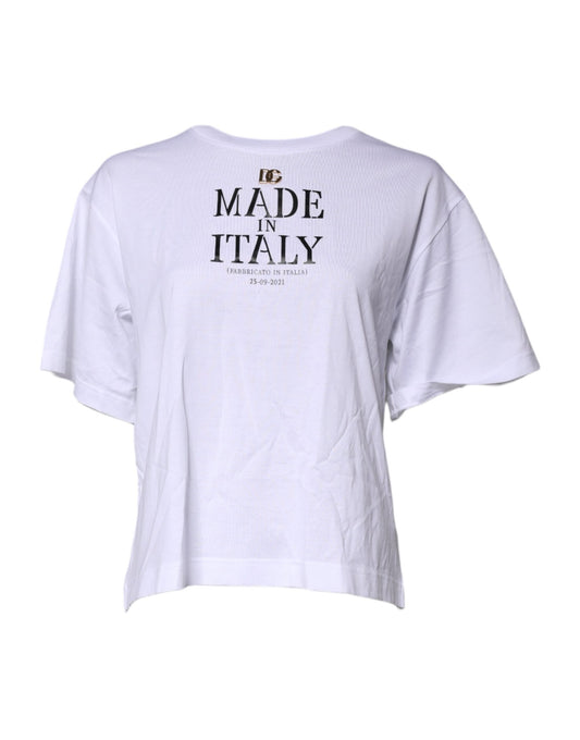 White t-shirt with black lettering