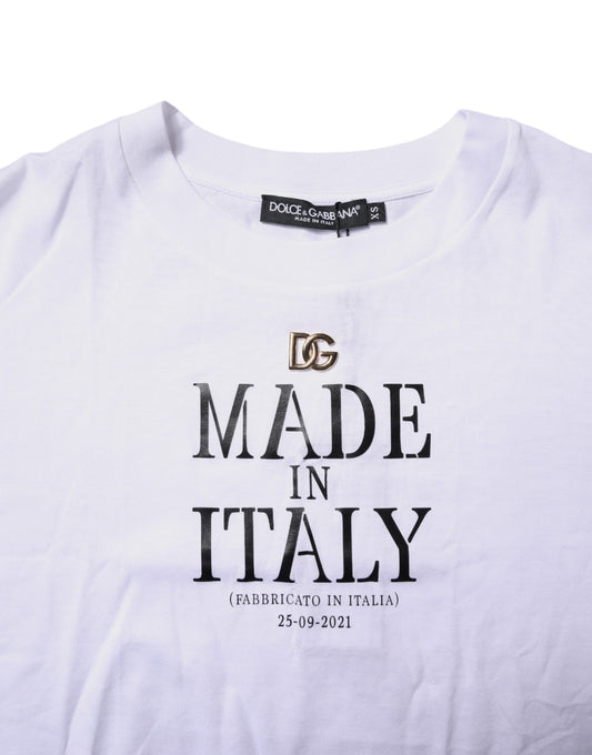 White t-shirt with black lettering
