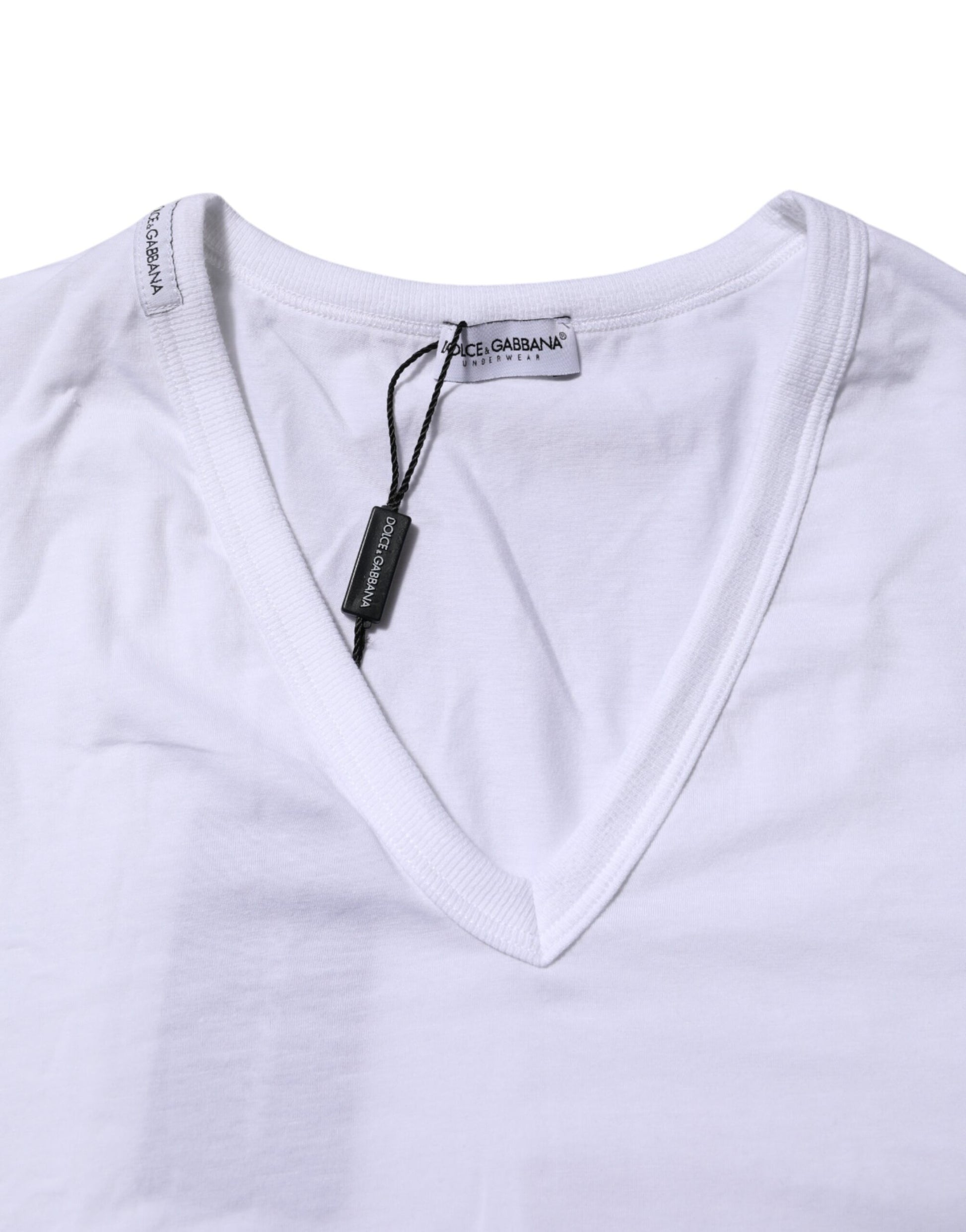 White v-neck t-shirt with tag on neckline