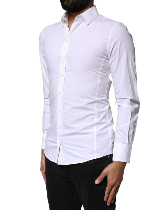 A white cotton dress shirt with long sleeves and a collar