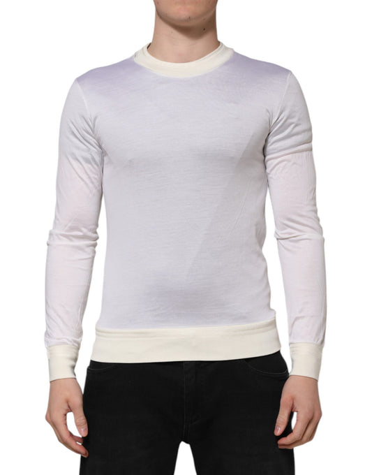 Long sleeved crew neck sweater in heathered grey and white