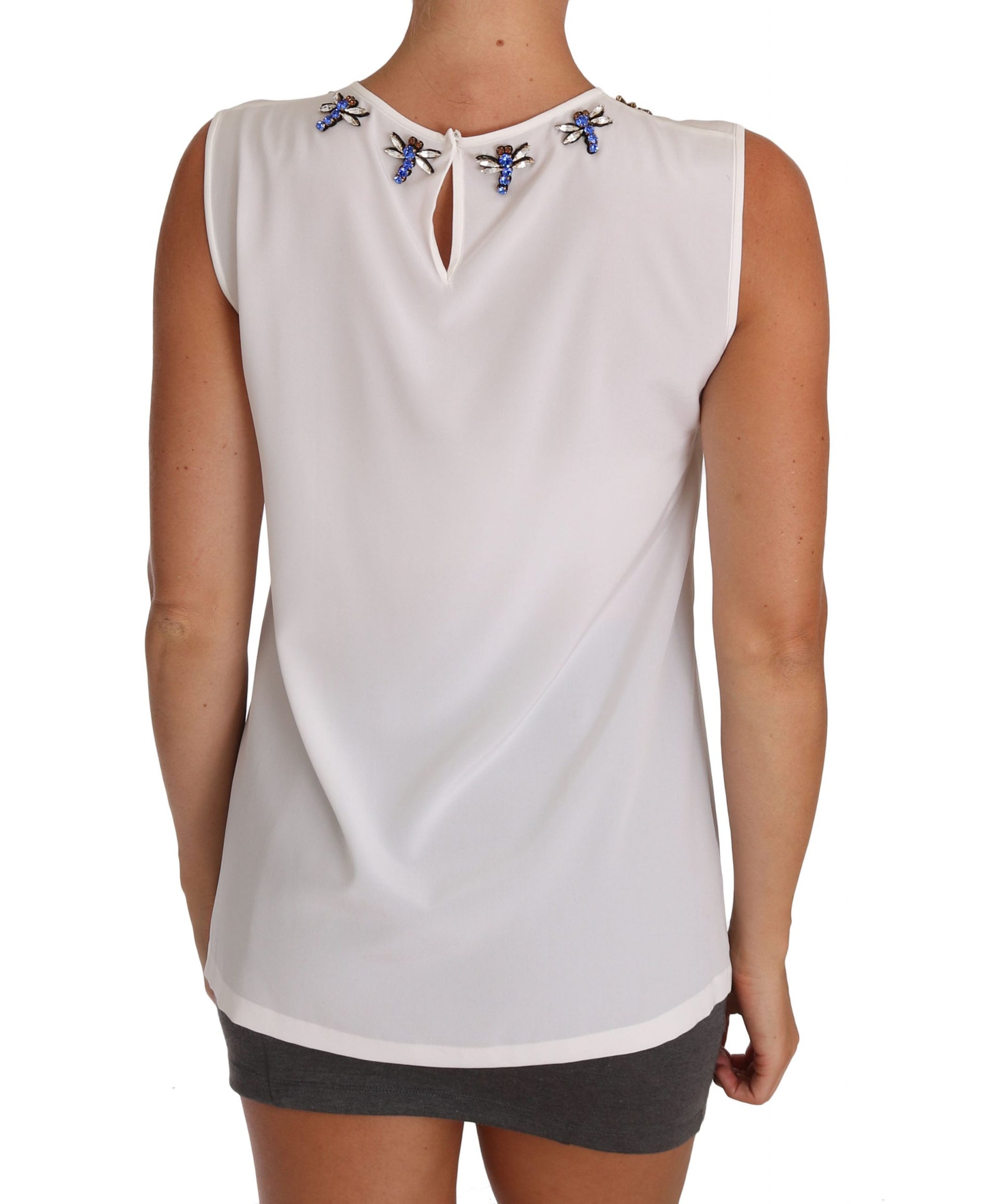 White sleeveless top with blue accents on shoulders