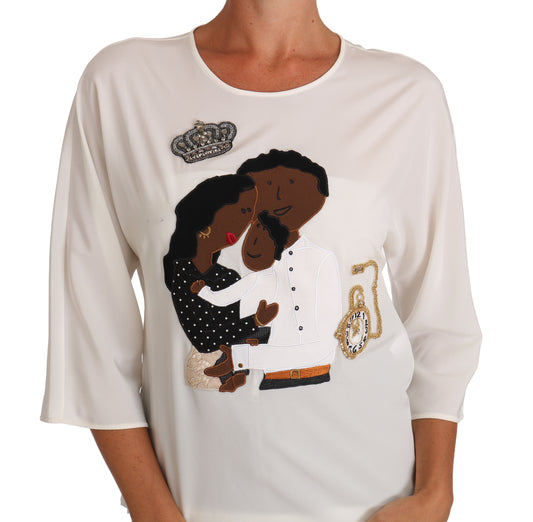 Long sleeve shirt with embroidered family scene