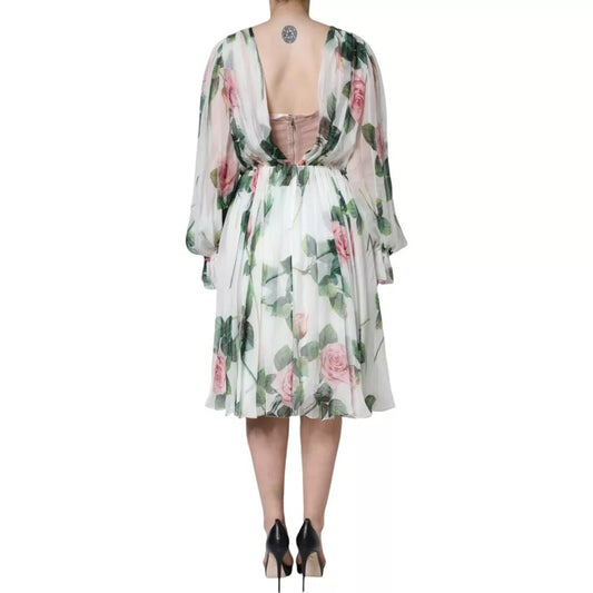A-line midi dress with floral print, silk fabric, and a backless design