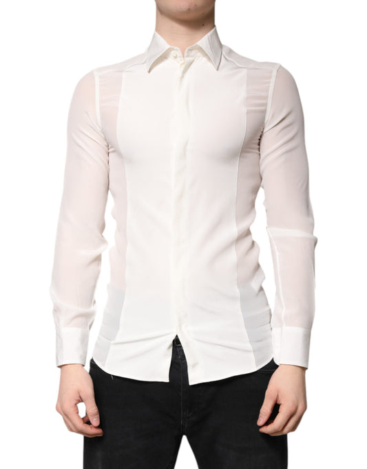 A white silk collared shirt with gold detailing, part of a formal dress collection by Dolce & Gabbana