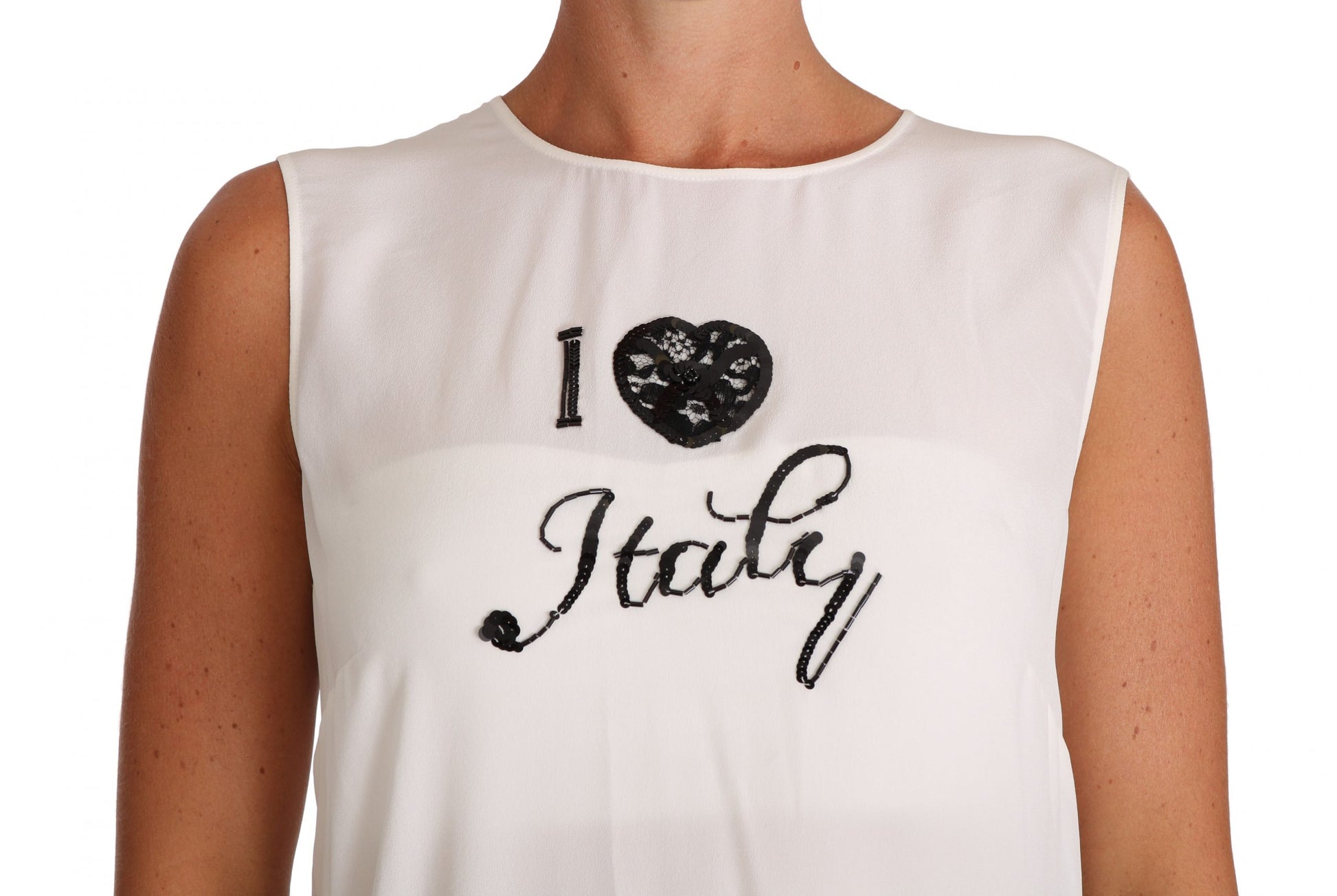 White tank top with black lettering