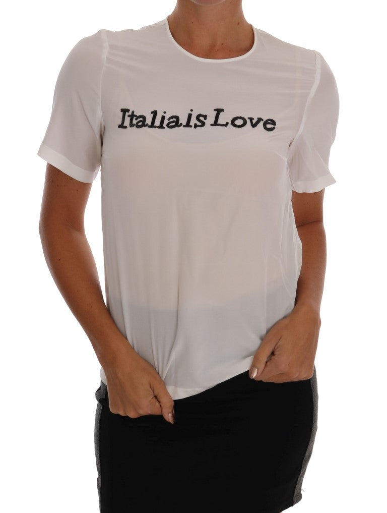 White t-shirt with black lettering