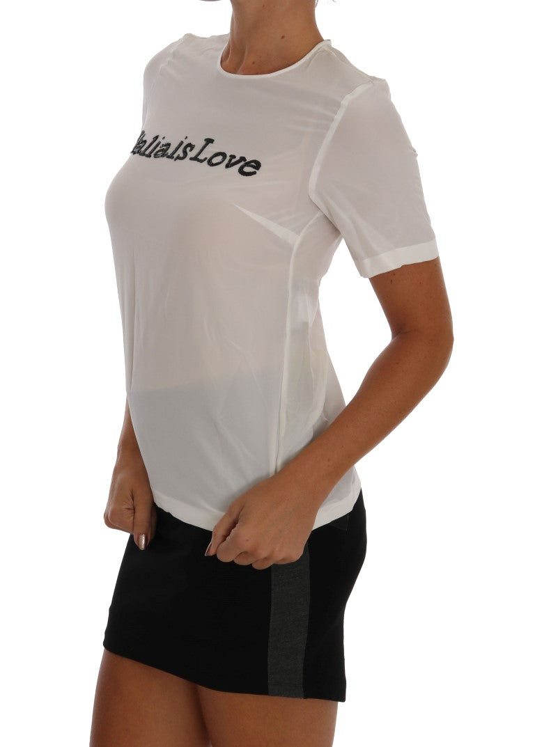 White t-shirt with black lettering