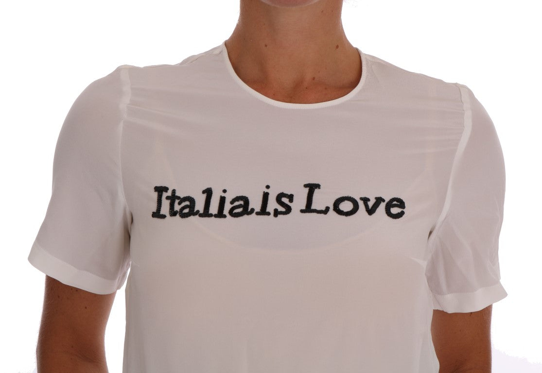 White t-shirt with black lettering