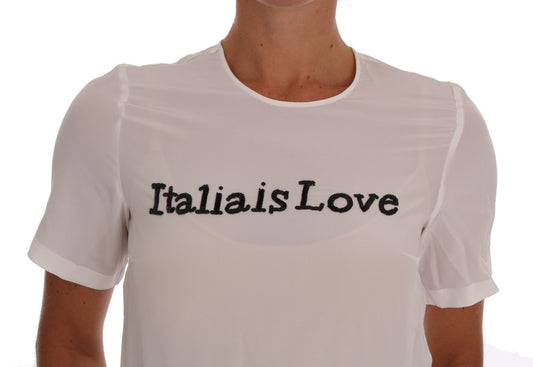 White t-shirt with black lettering