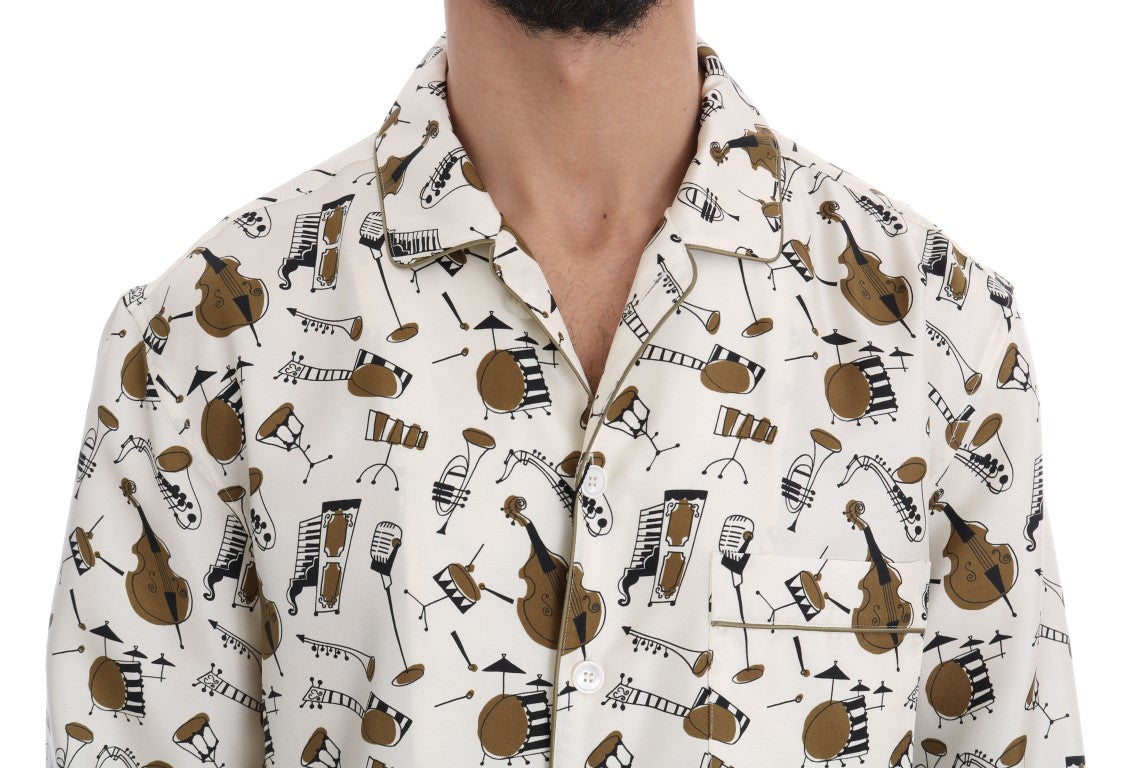 Mannequin wearing a patterned shirt with musical instruments