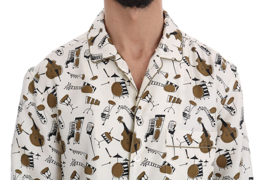 Mannequin wearing a patterned shirt with musical instruments