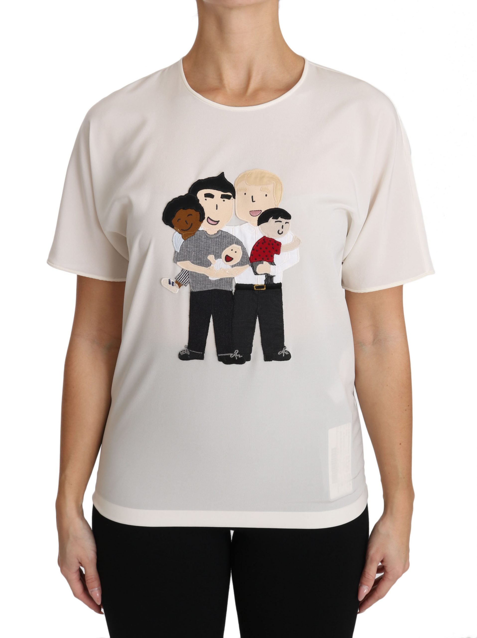 Graphic t-shirt featuring cartoon illustration of four people hugging