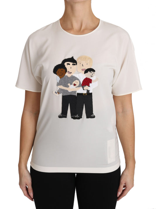 Graphic t-shirt featuring cartoon illustration of four people hugging