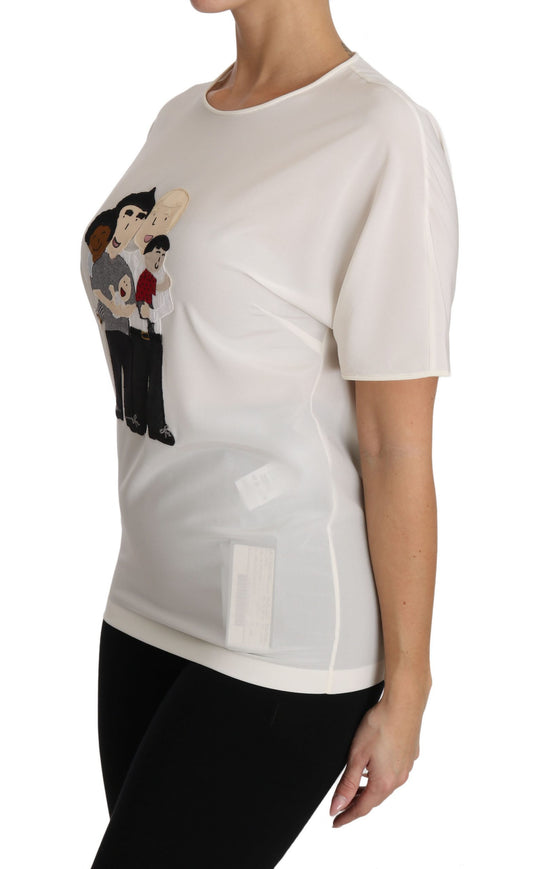 White t-shirt with graphic design on front