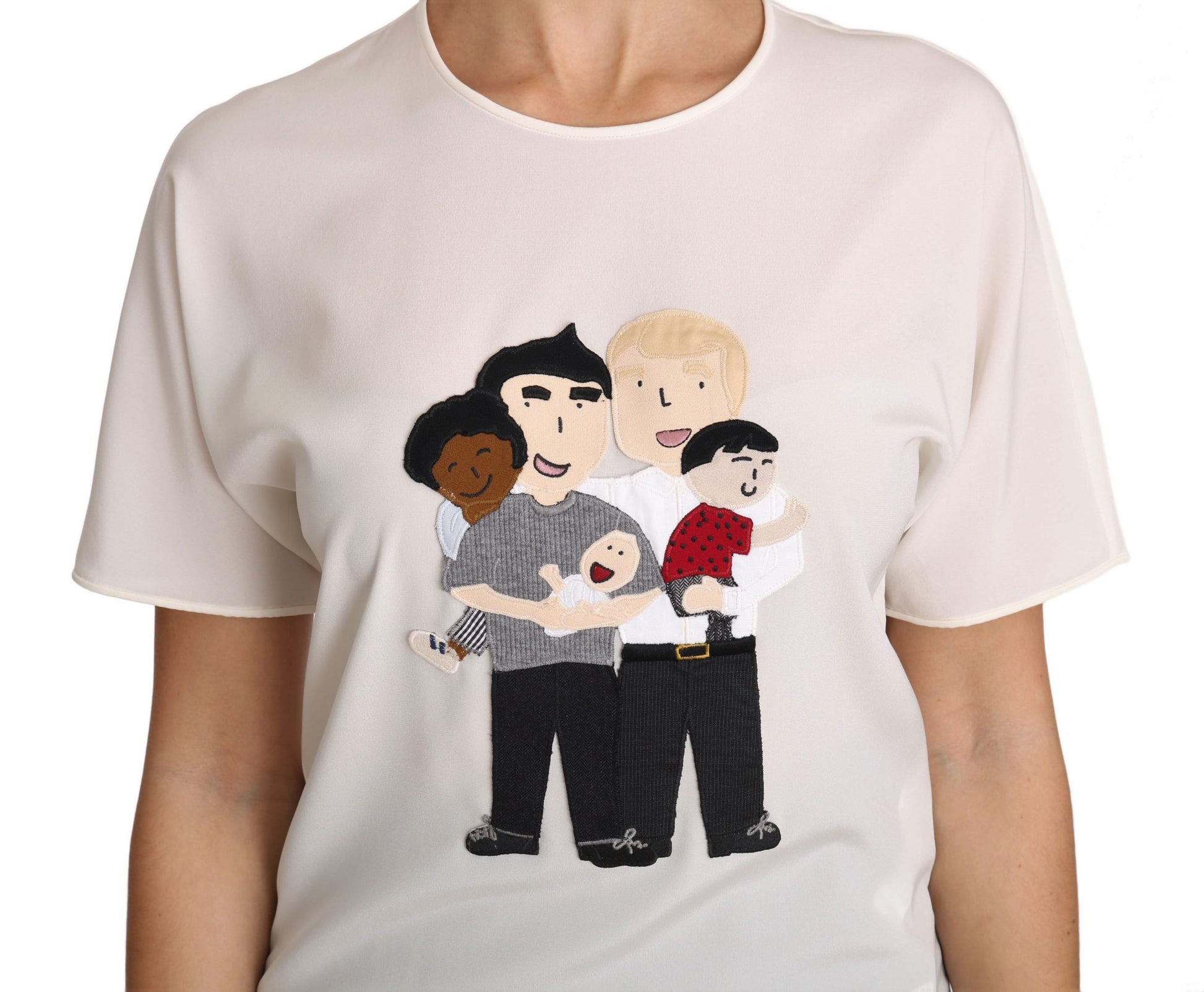 Graphic print on a t-shirt featuring cartoon figures hugging