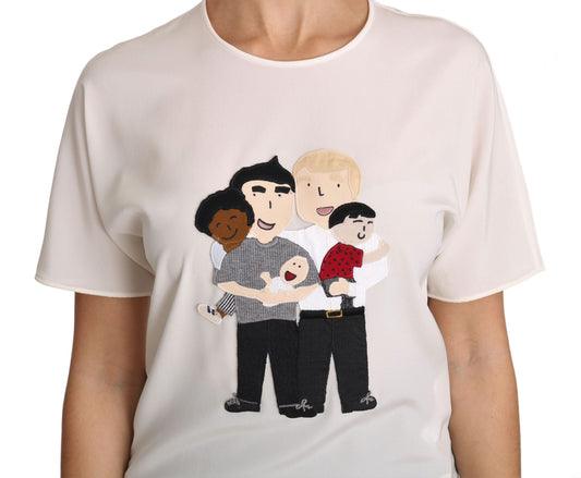 Graphic print on a t-shirt featuring cartoon figures hugging
