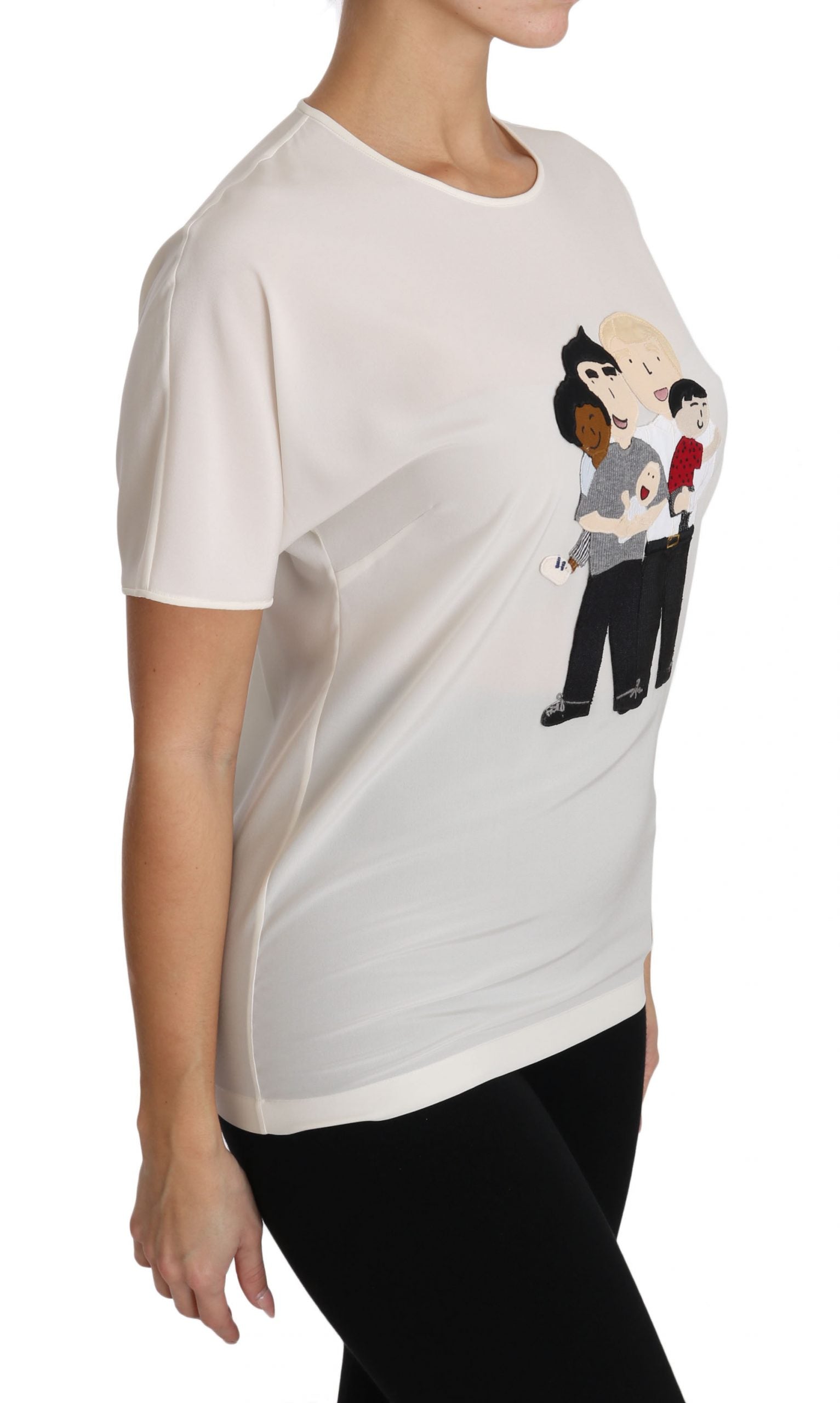 Woman wearing graphic t-shirt with cartoon character