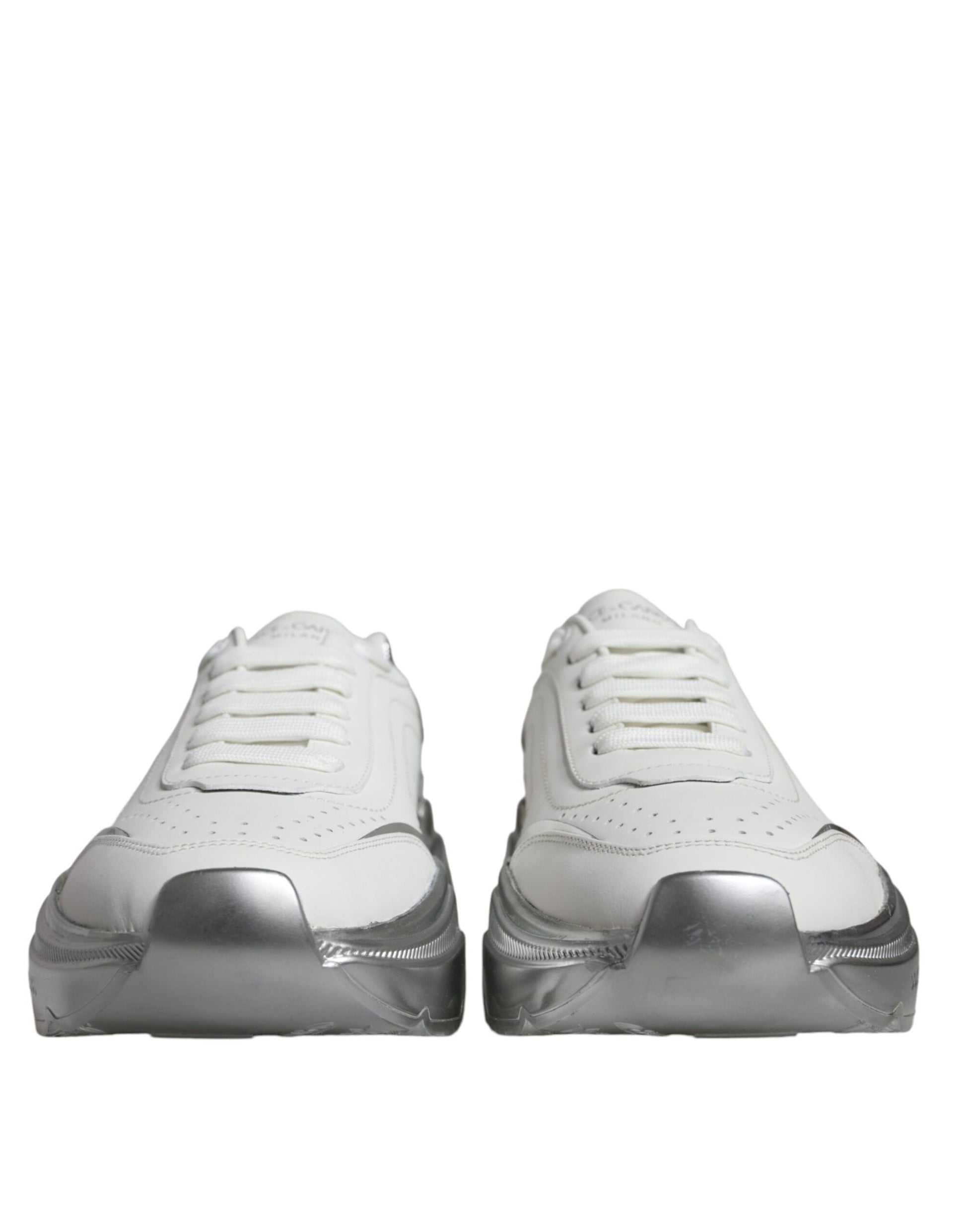 Pair of white sneakers with silver accents