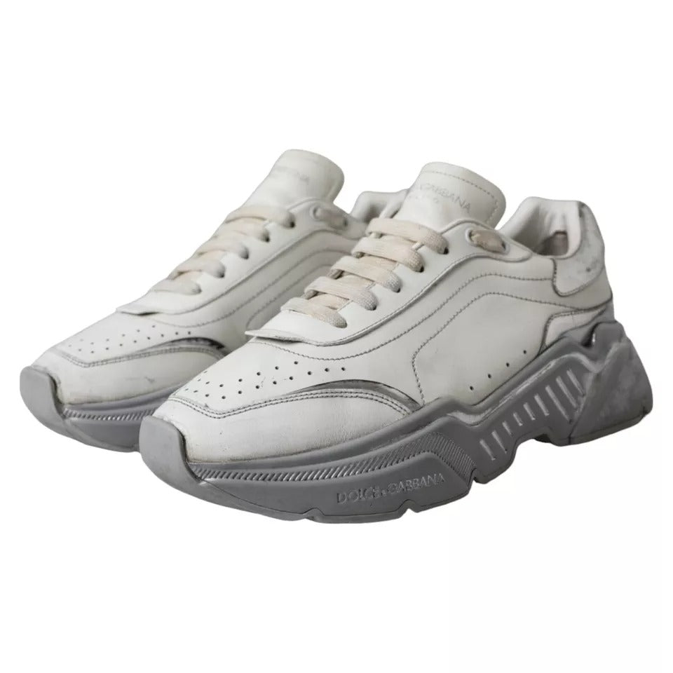 Pair of white and silver sneakers with laces, featuring a low top design
