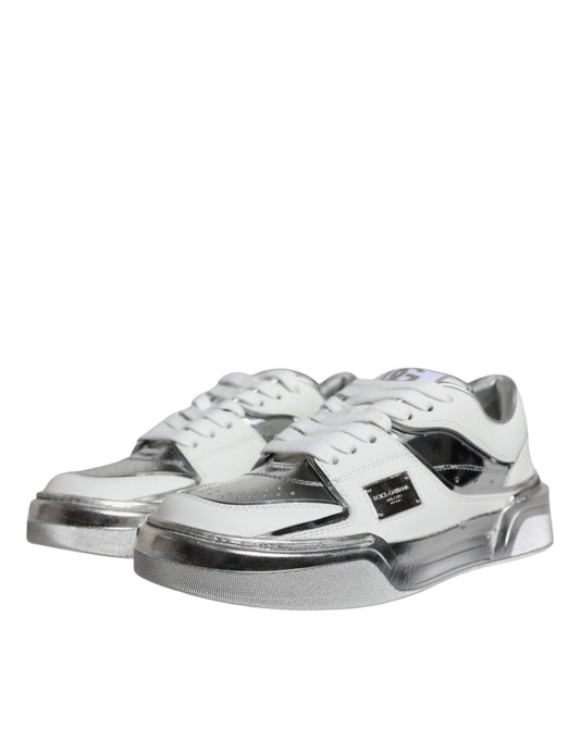 White silver leather low top sneakers shoes with laces and logo detailing