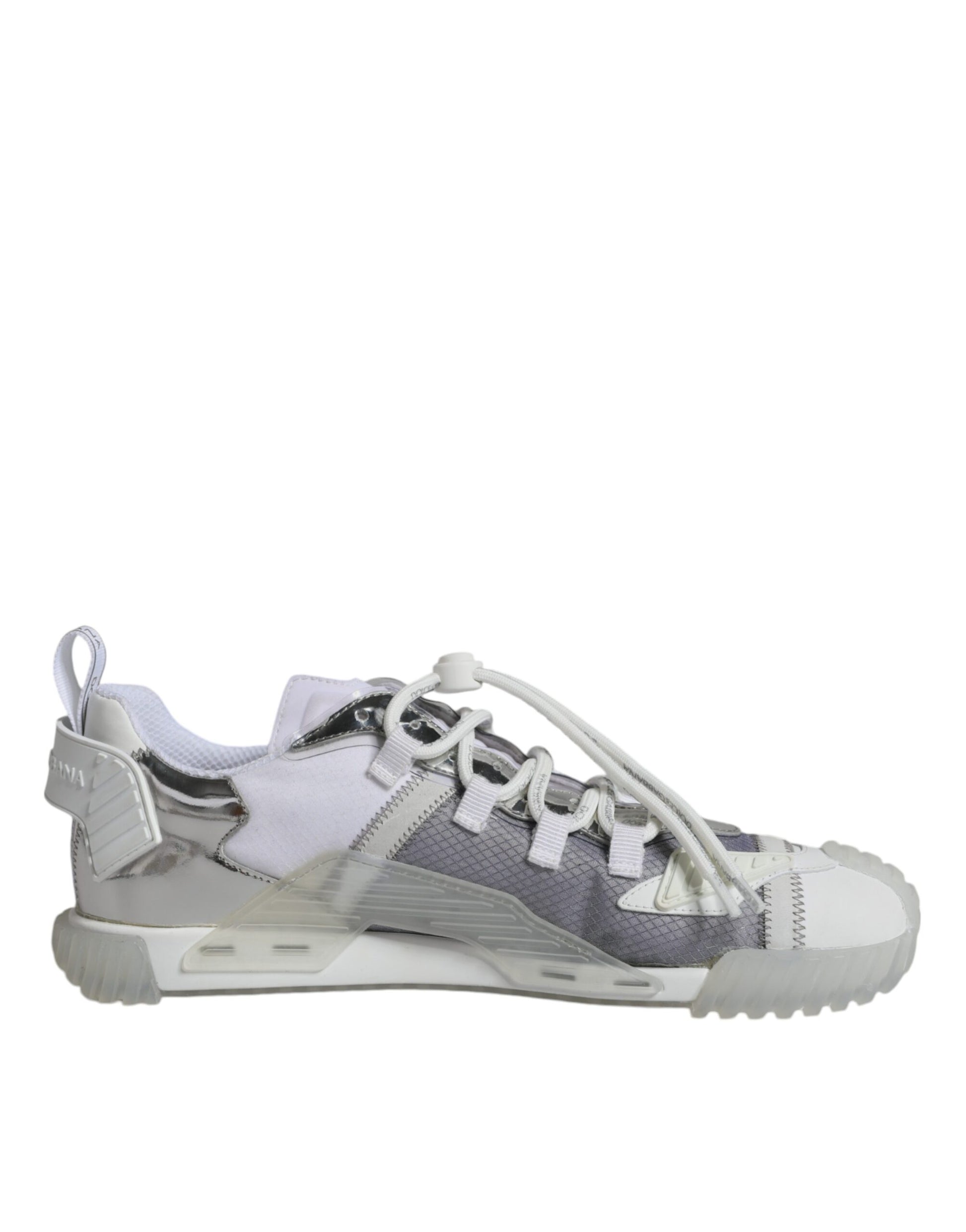Pair of white and gray athletic shoes with laces