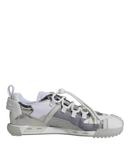 Pair of white and gray athletic shoes with laces
