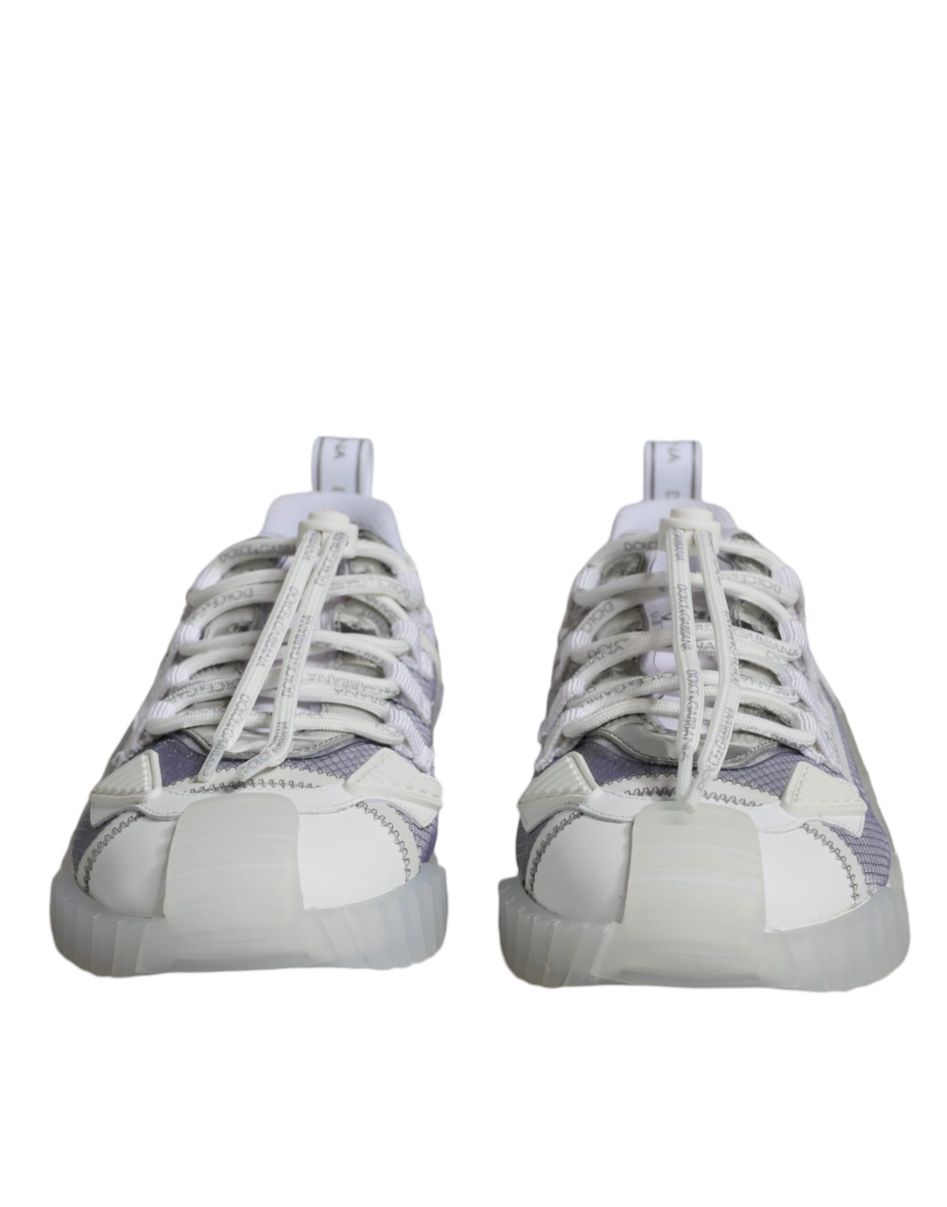 Pair of white and purple sneakers with laces