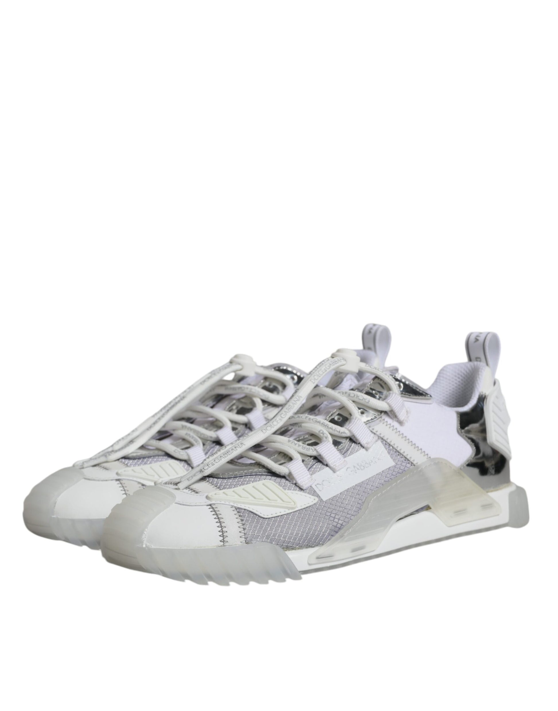 Pair of white and grey sneakers with laces