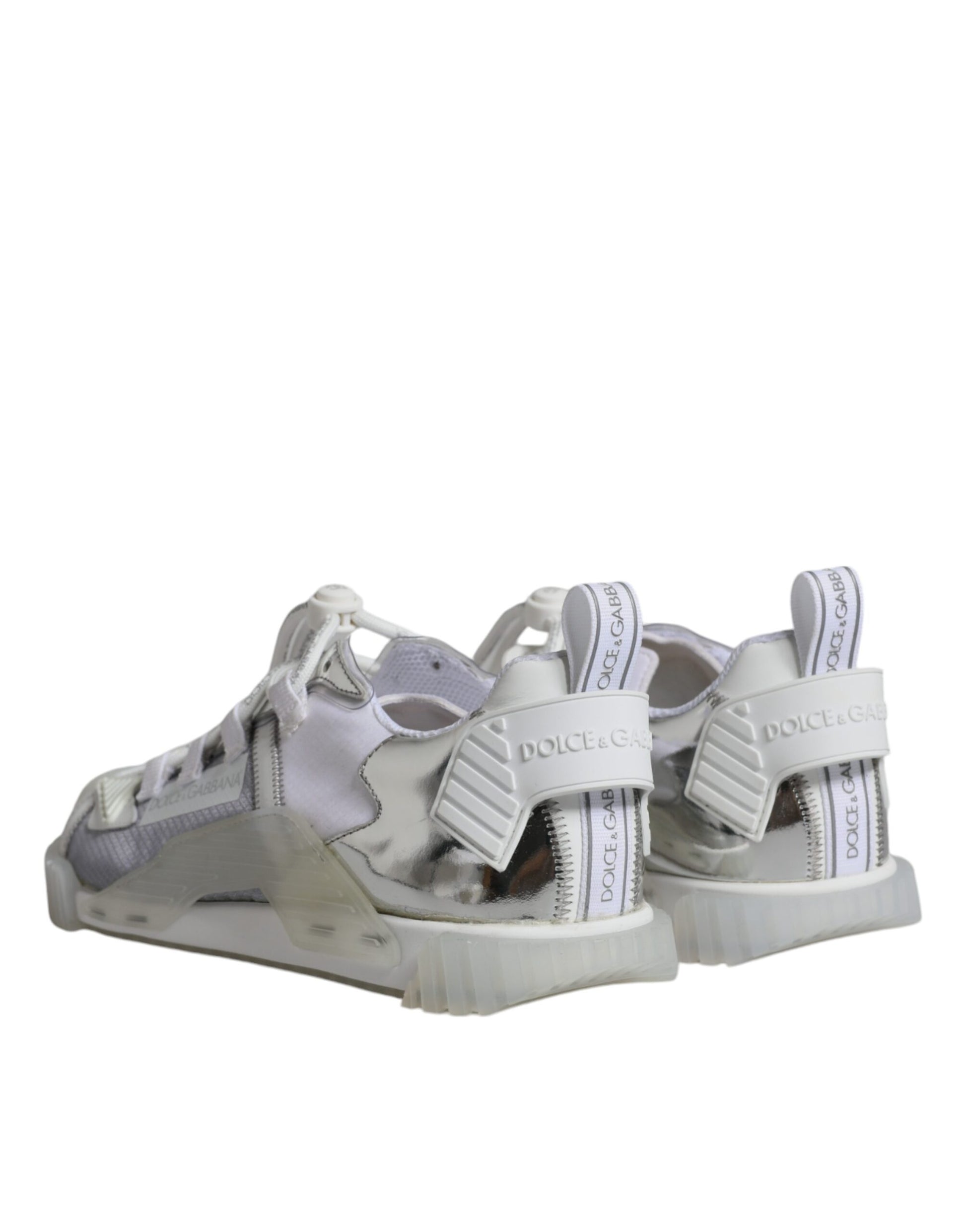 Pair of gray and white ice skates with straps