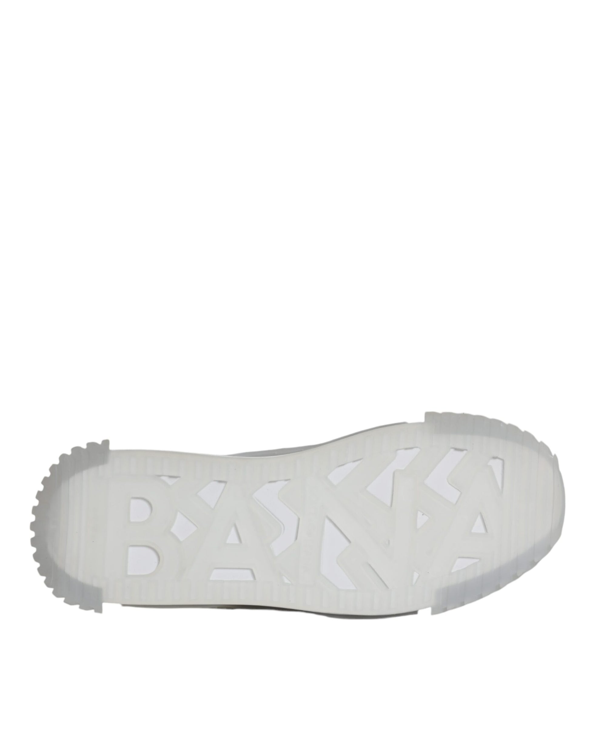 White athletic shoe with black laces and sole