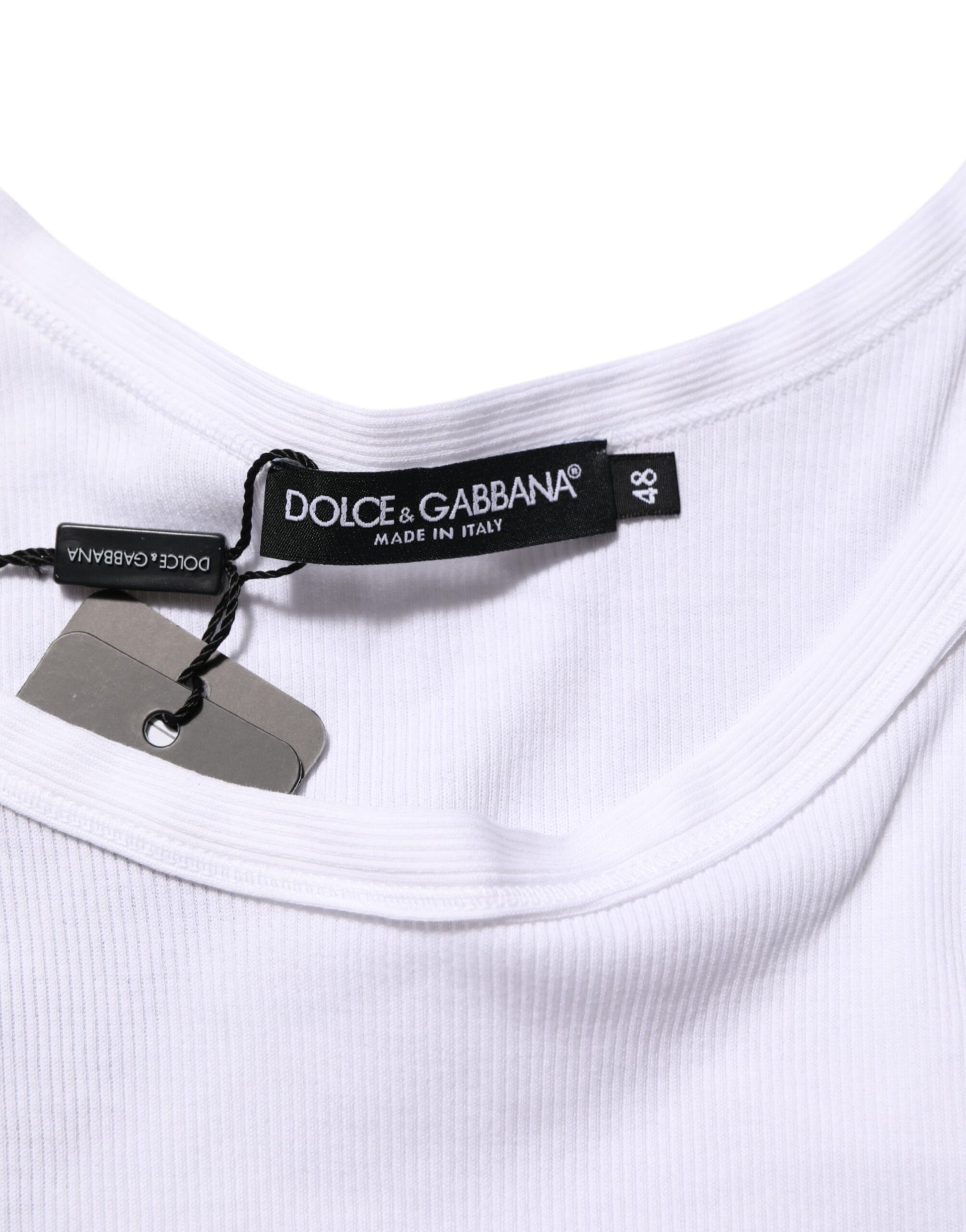 White t-shirt with black tag on neckline