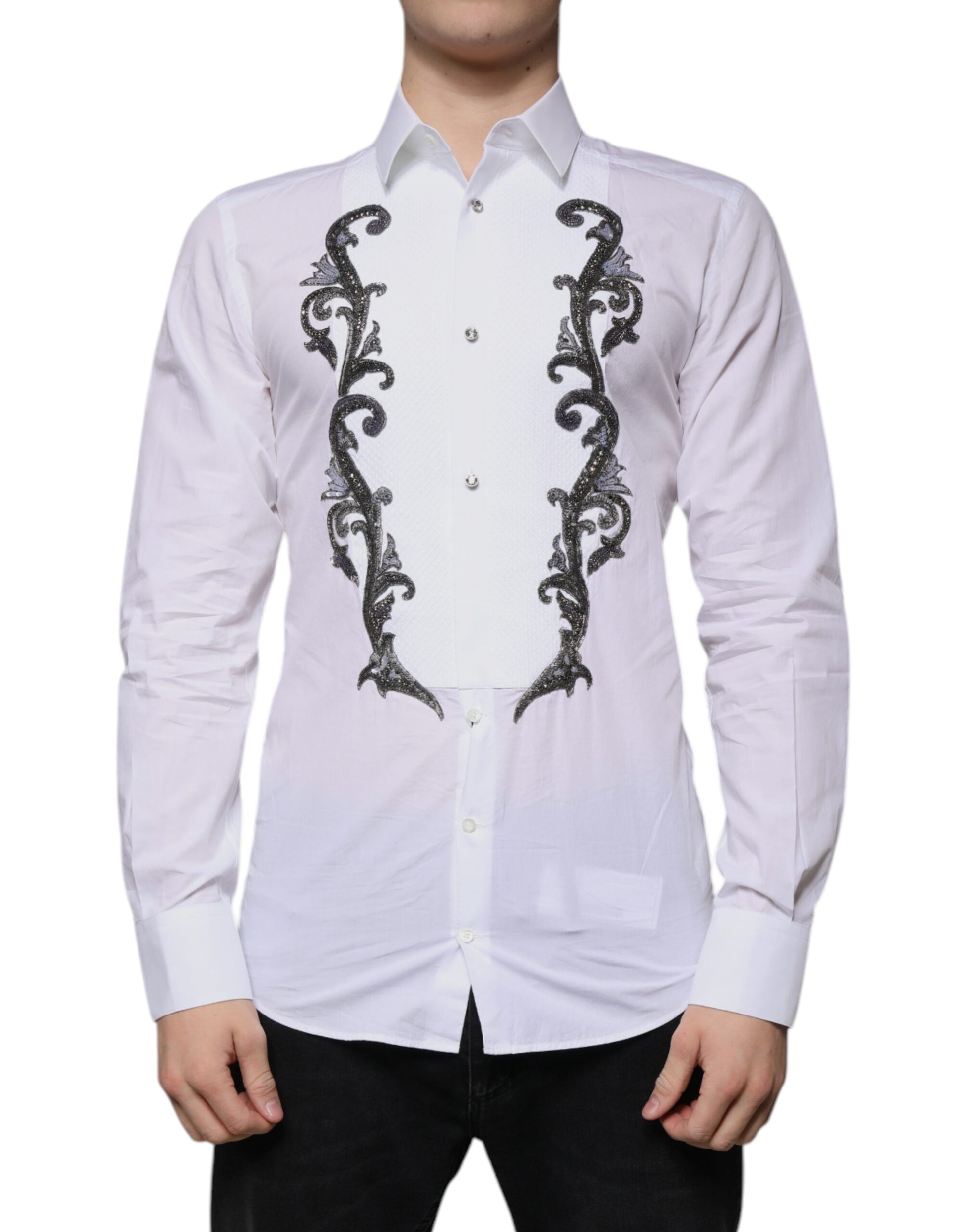 A white men's dress shirt with gold embroidery and slim fit