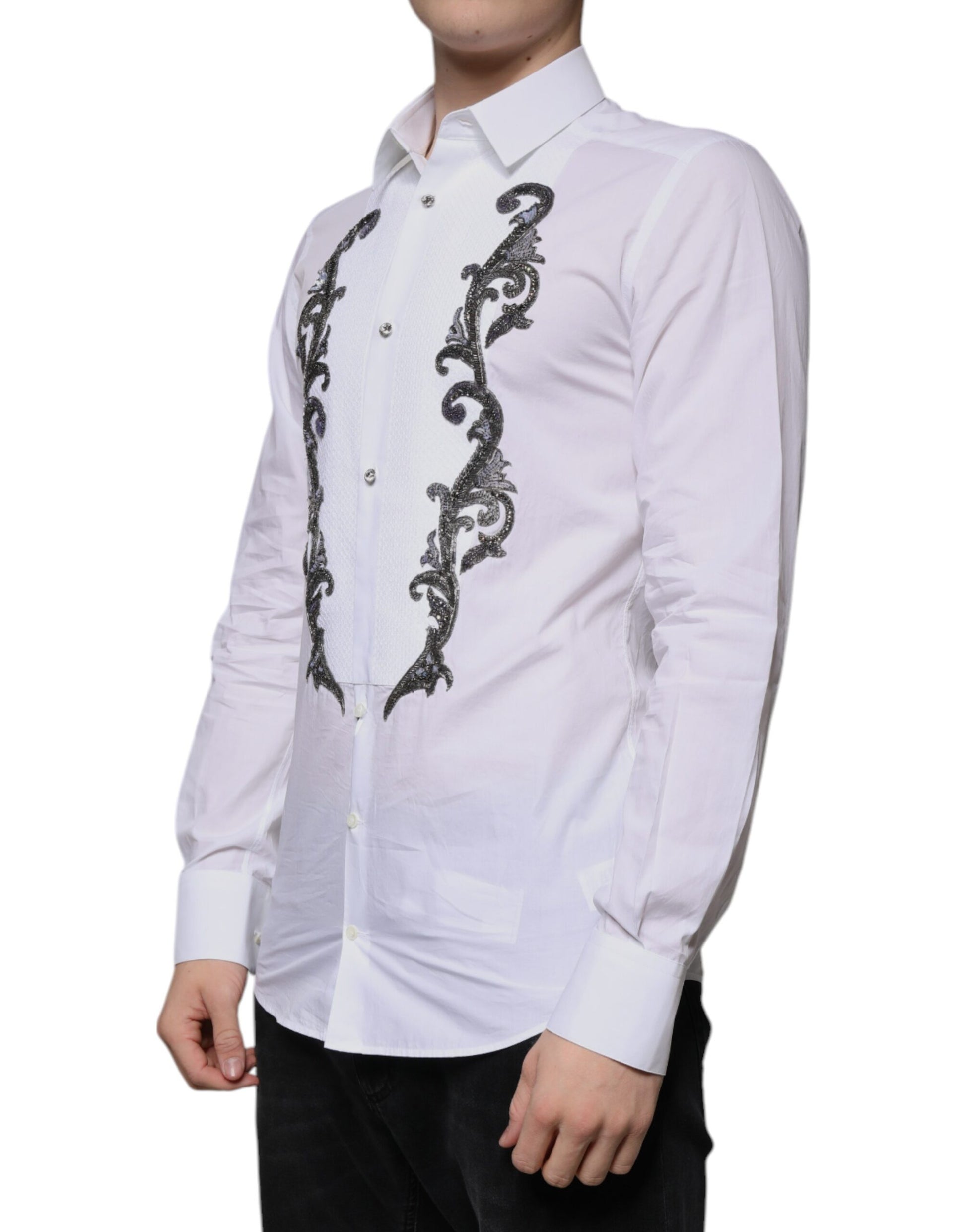 A white slim fit dress shirt with gold embroidery and a baroque design