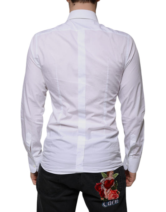 A white slim fit dress shirt with a baroque gold design