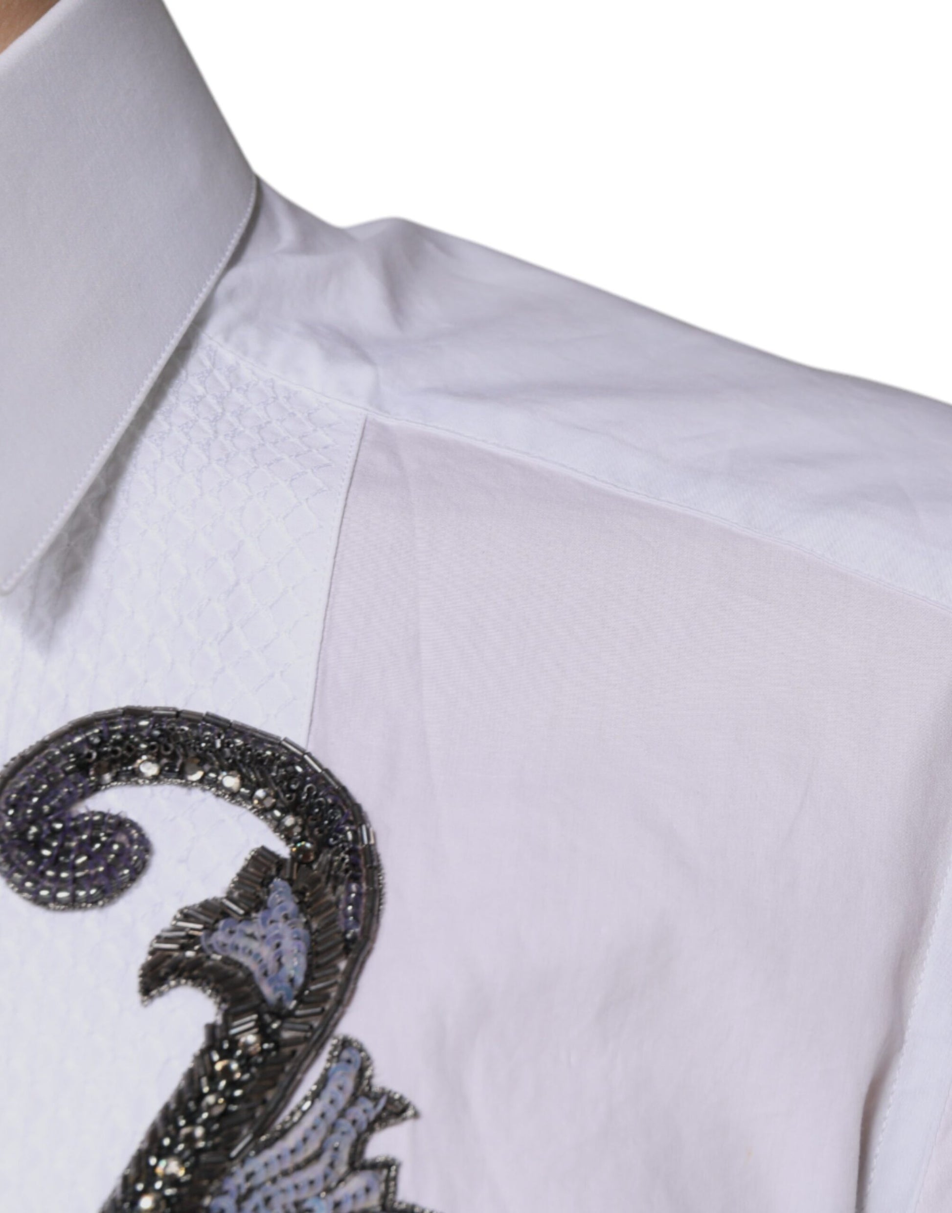 A white slim fit dress shirt with a baroque gold design
