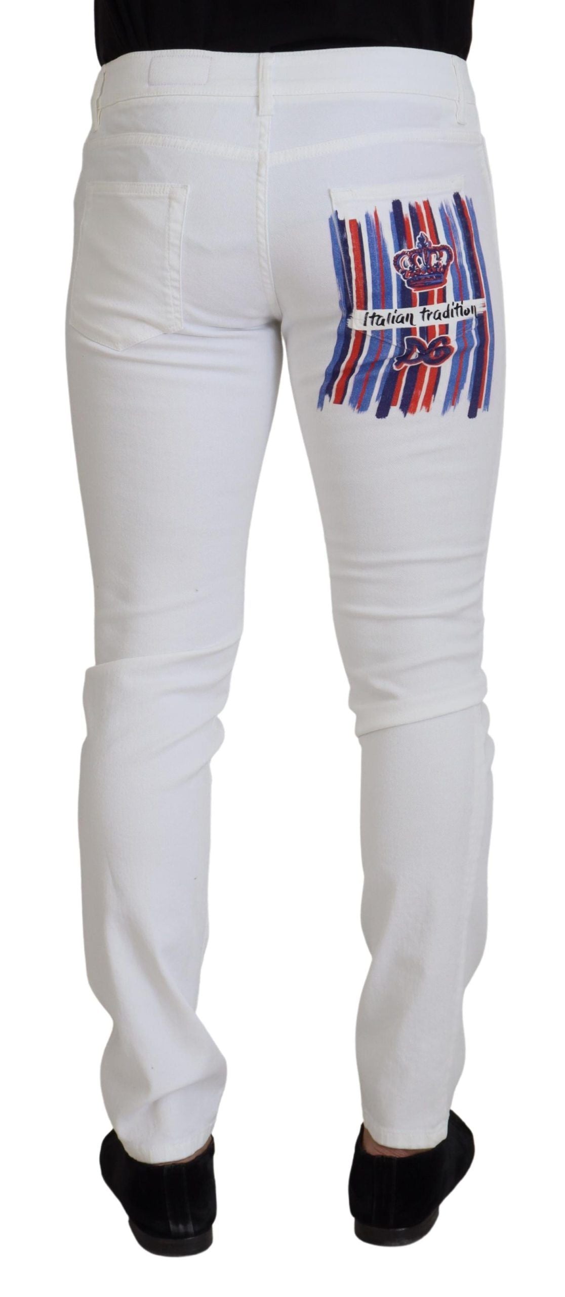 White jeans with red stripes on legs