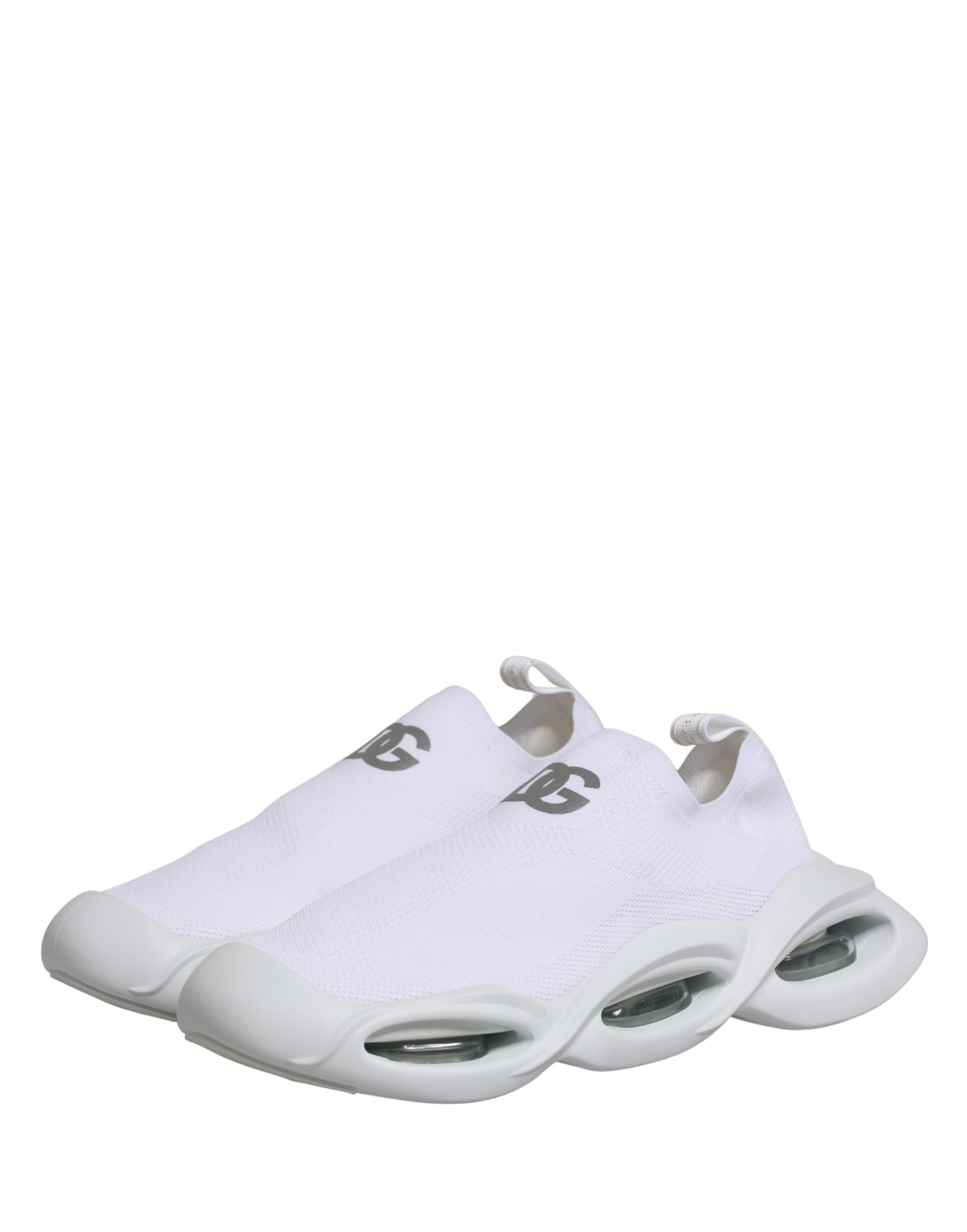 White slip-on shoes with brand logo on side, featuring a wave design and low top