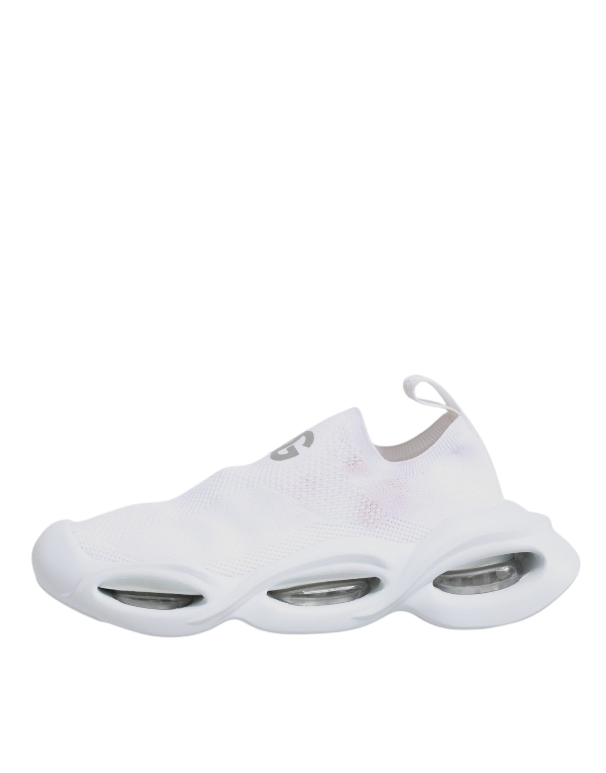 White sneaker with three stripes on side