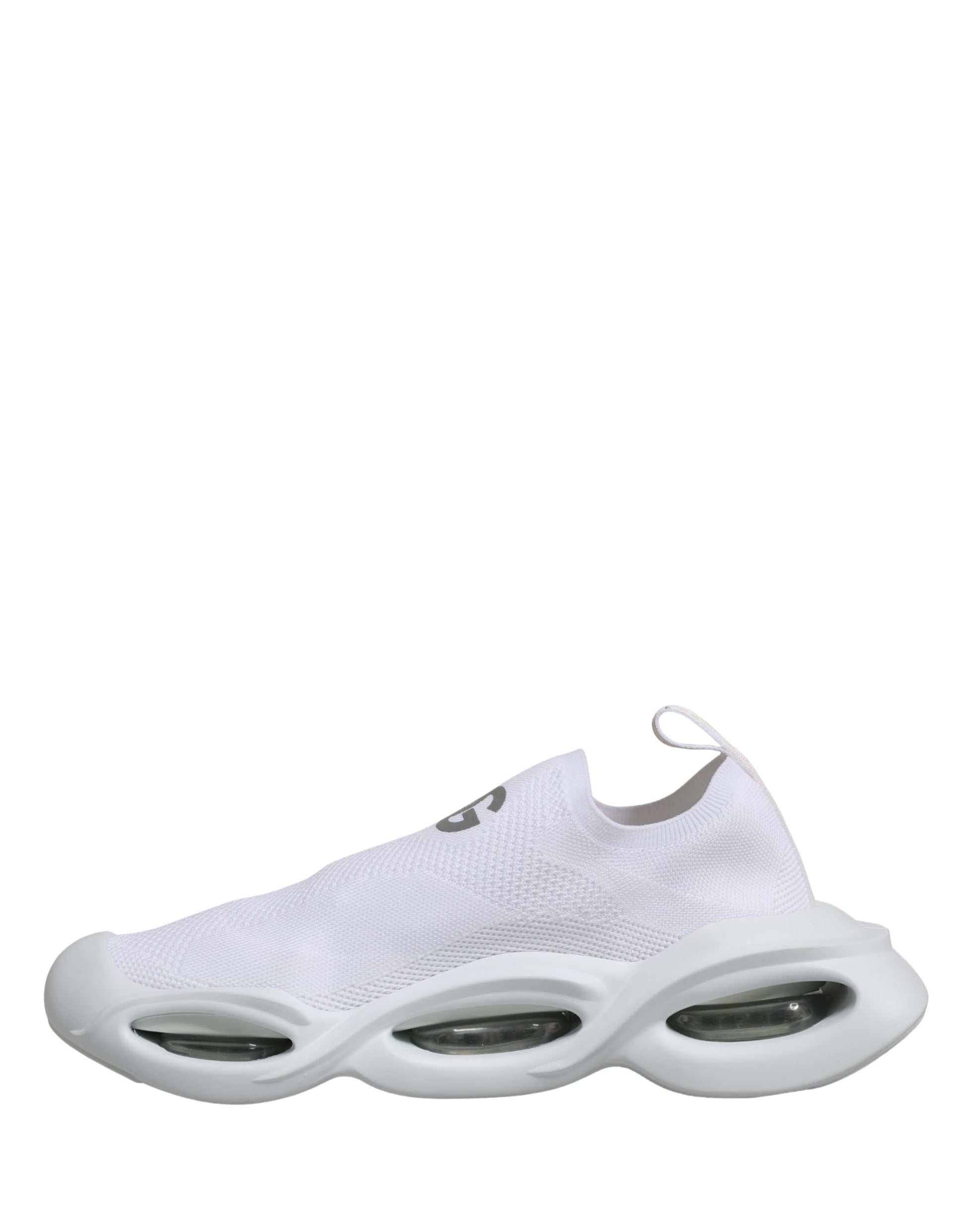 White slip-on shoes with wave design on soles, featuring brand logo and textured fabric