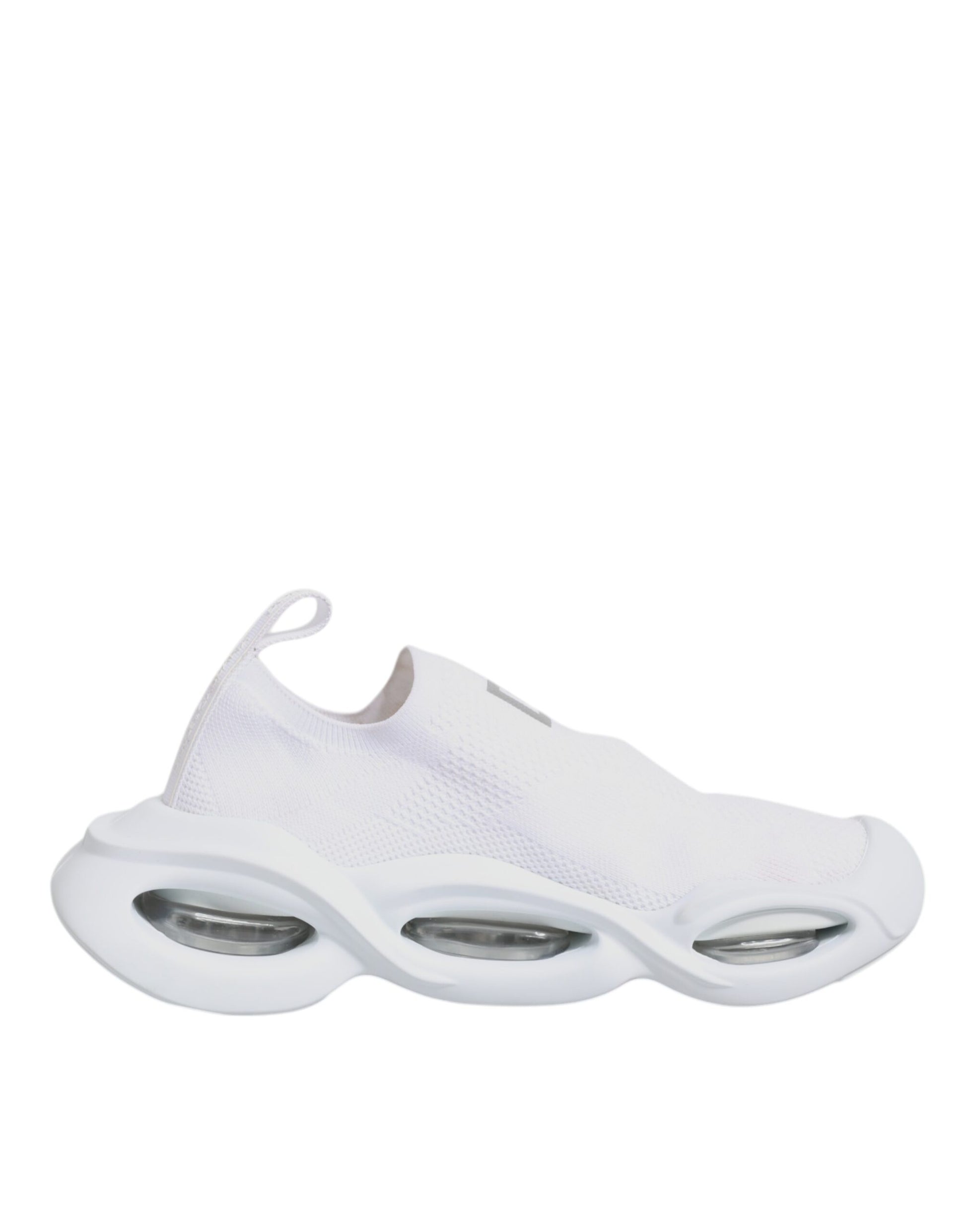 White sneaker with three wheels on bottom