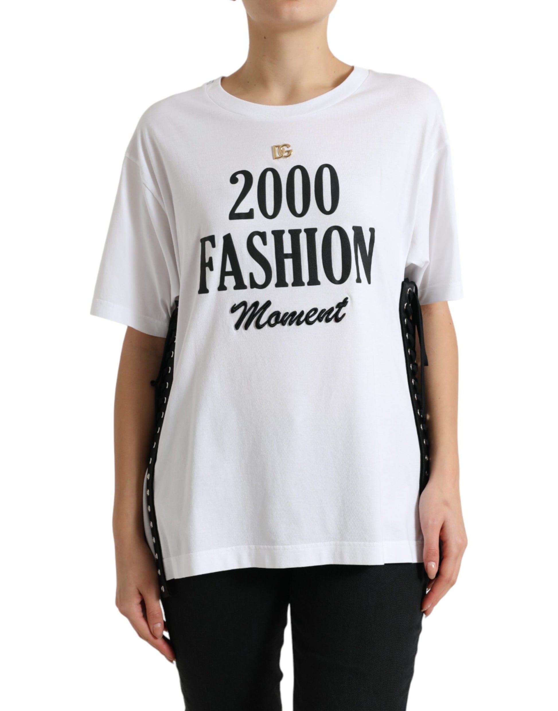 White t-shirt with bold black text reading "2000 fashion moment"
