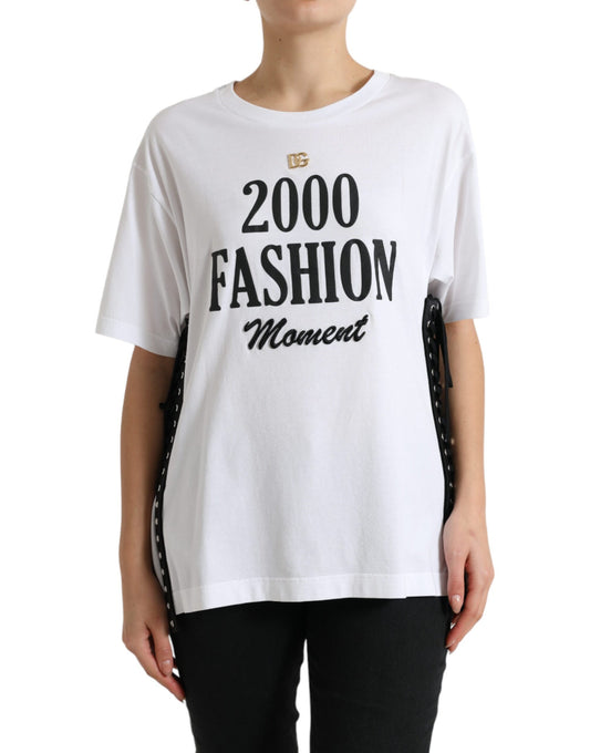 White t-shirt with bold black text reading "2000 fashion moment"