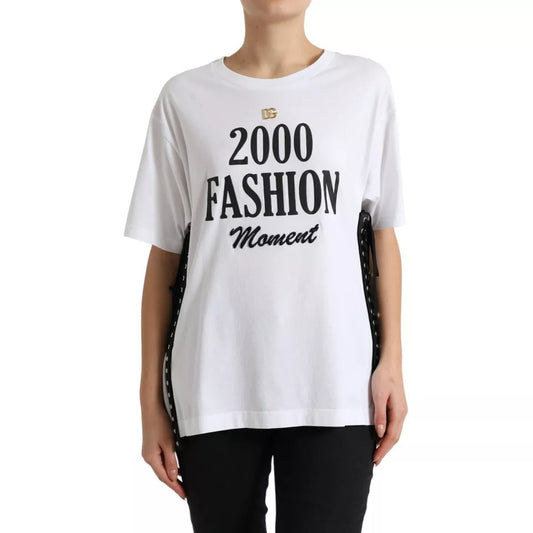 White t-shirt with black text reading "2000 fashion moment"