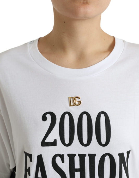 White t-shirt with black lettering reading "2000 fashion show"