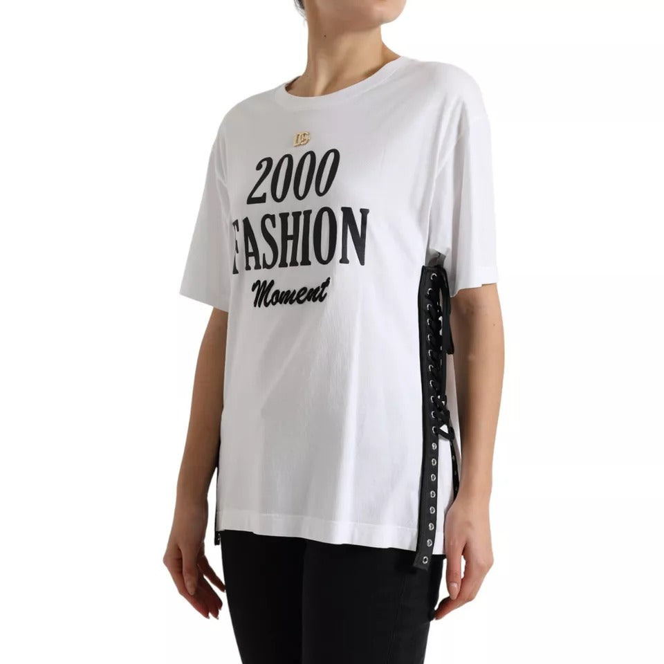 White t-shirt with "2000 fashion" printed on front