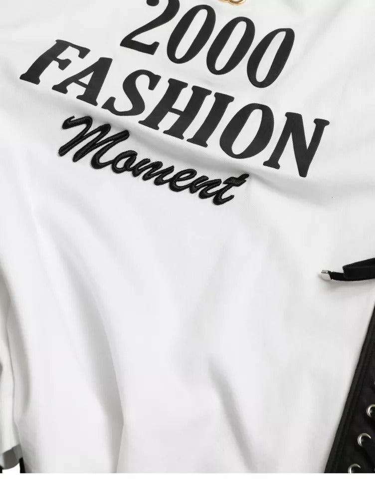 White t-shirt with black lettering reading "2000 fashion moment"